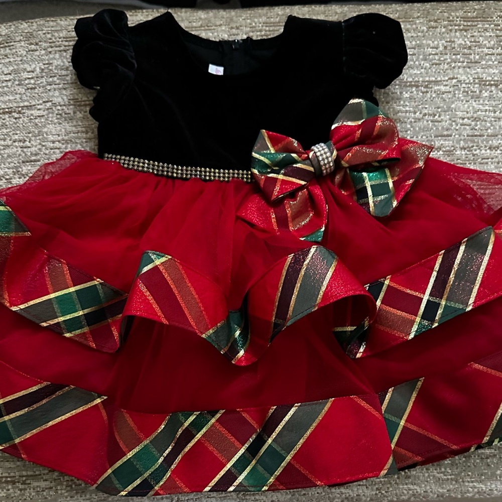 Bonnie Baby Festive Red and Black Plaid Dress with Bow
